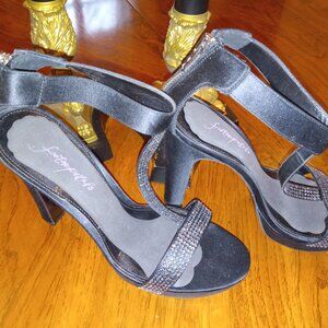 LAUREN SWAROVSKI CRYSTAL BLACK SATIN BACK ZIP EVENING SANDALS
